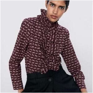 Zara Horse Print Shirt Ruffle Trim Women Size XL Burgundy Maroon Pink Slim Fit